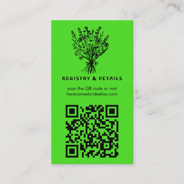 Wildflower Bouquet Whimsical QR Code Lime Bridal Enclosure Card (Front)