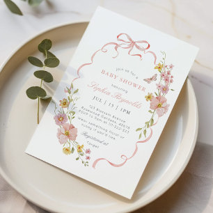 Wildflower Bow frame Pink Baby Shower Invitation