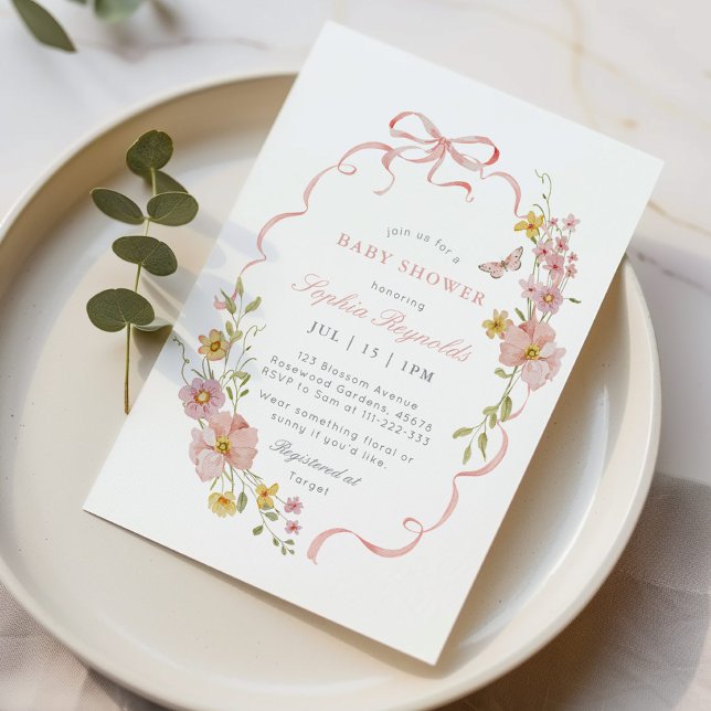 Wildflower Bow frame Pink Baby Shower Invitation (Creator Uploaded)