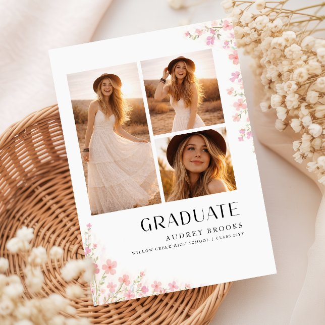 Wildflower Bow Grad Party Photo Collage Invitation Postcard (Creator Uploaded)