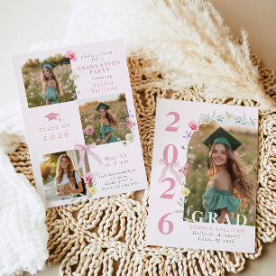 Wildflower Bow Graduation party Photo Collage Invitation