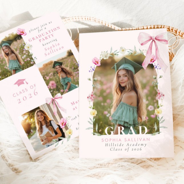 Wildflower Bow Graduation party Photo Collage Invitation (Creator Uploaded)