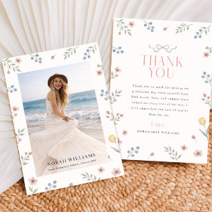 Wildflower Bow Modern Photo Graduation Party Thank You Card