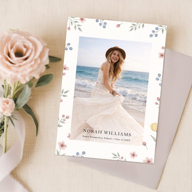 Wildflower Bow Photo Grad Party Invitation Postcard (Creator Uploaded)