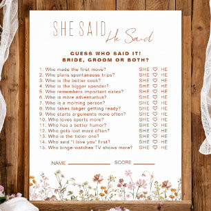 Wildflower Bridal Shower He Said She Said Game Poster
