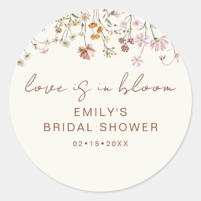 Wildflower Bridal Shower Love is In Bloom Classic Round Sticker (Front)