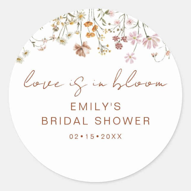 Wildflower Bridal Shower Love is In Bloom Classic Round Sticker (Front)