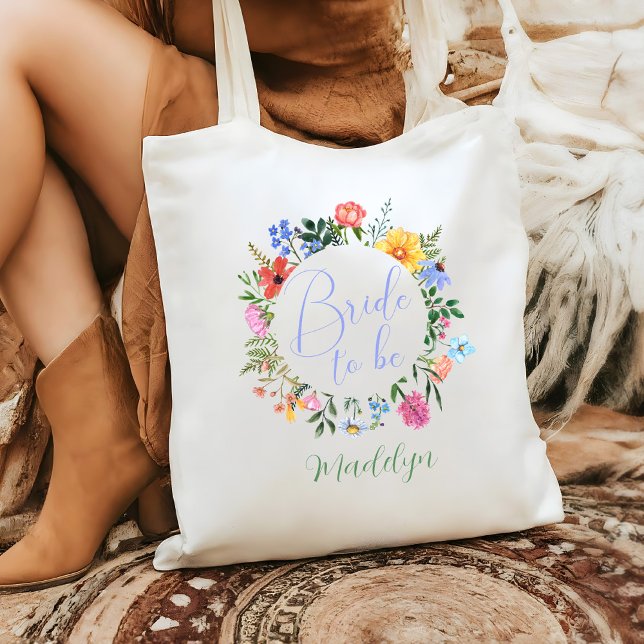 Wildflower Bride to Be Script Wedding  Tote Bag (Bride to be Wildflower Wedding Tote bag with custom name)
