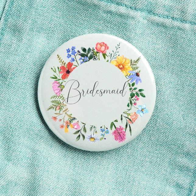 Wildflower Bridesmaid Script Wedding  3 Cm Round Badge (Bridesmaid  Wildflower Watercolor Floral Wreath Wedding Button
)