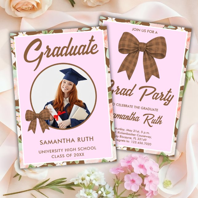 Wildflower Brown Gingham Bow Photo Graduation Invitation (Creator Uploaded)