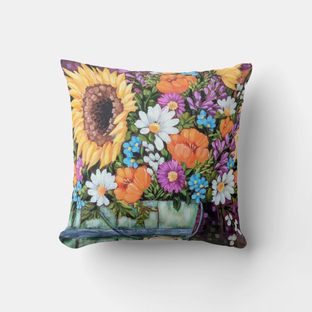 "Wildflower Bucket Bouquet" Throw Pillow (Front)