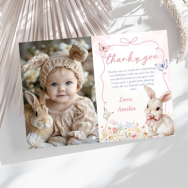 Wildflower Bunny Girl Pink Birthday Photo Thank You Card (Creator Uploaded)
