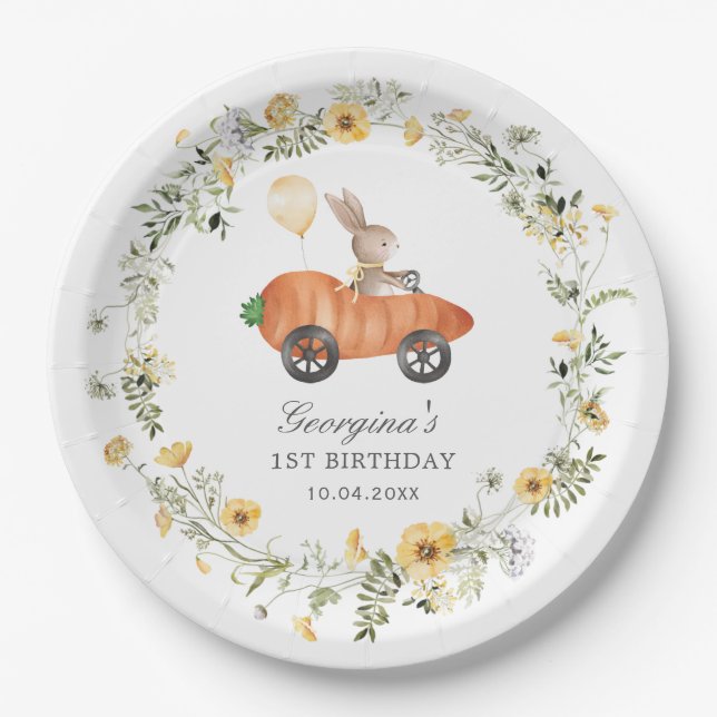 Wildflower Bunny Rabbit Carrot Car Birthday Party Paper Plate (Front)