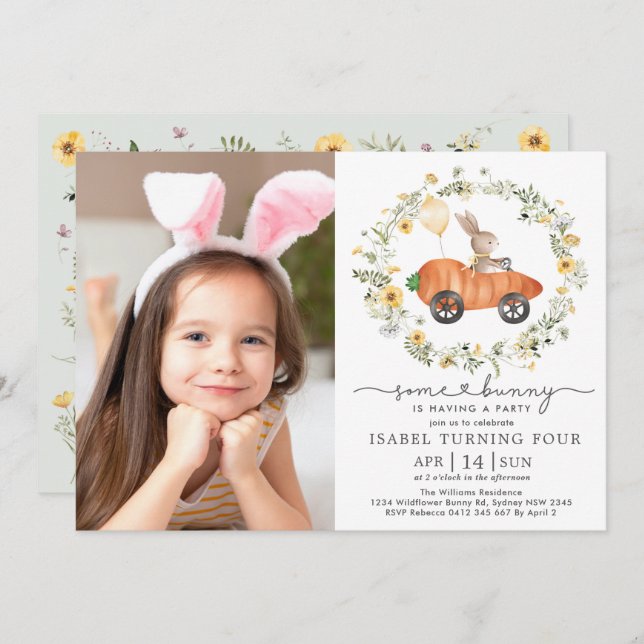 Wildflower Bunny Rabbit Easter Birthday Photo Invitation (Front/Back)