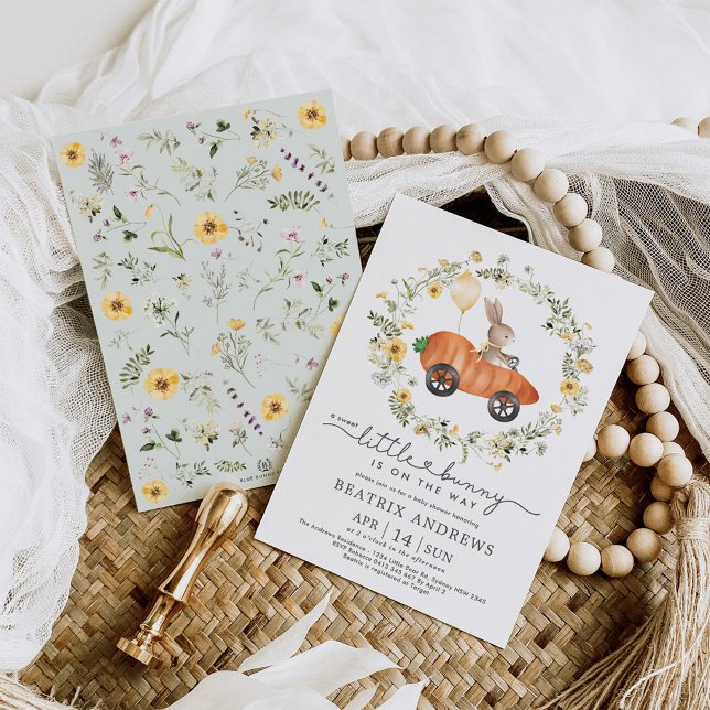 Wildflower Bunny Riding a Carrot Car Baby Shower Invitation (Creator Uploaded)