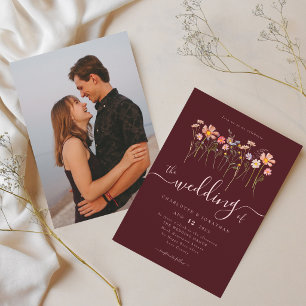 Wildflower Burgundy & Blush Pink Photo Wedding Invitation