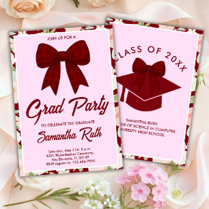 Wildflower Burgundy Gingham Bow Graduation Party Invitation