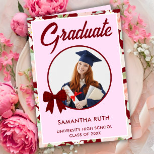 Wildflower Burgundy Gingham Bow Photo Graduation Card