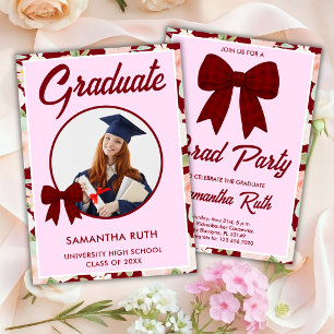 Wildflower Burgundy Gingham Bow Photo Graduation Invitation