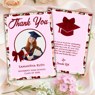 Wildflower Burgundy Gingham Bow Photo Graduation Thank You Card