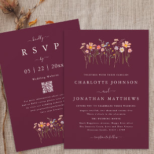 Wildflower Burgundy & Terracotta QR Code Wedding Invitation