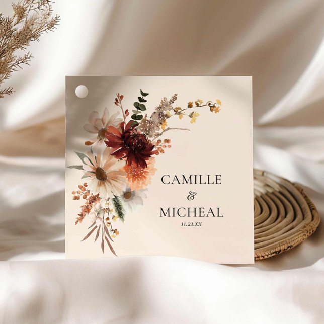 Wildflower Burgundy Wedding Favour Tags (Rustic Fall Floral Wedding Favor Tag)