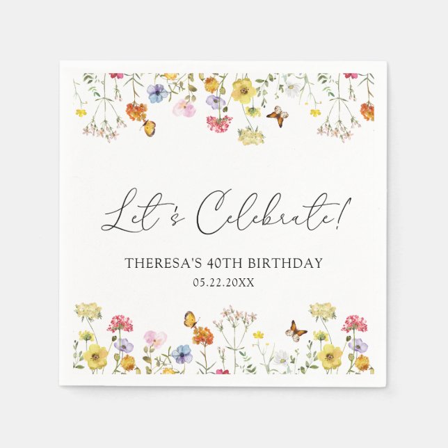 Wildflower Butterfly Boho Let's Celebrate Birthday Napkin (Front)