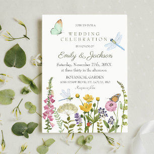 Wildflower Butterfly Dragonfly Watercolor Wedding Invitation