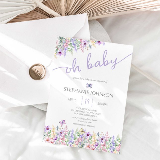 Wildflower Butterfly Garden Lavender Baby Shower Invitation (Creator Uploaded)