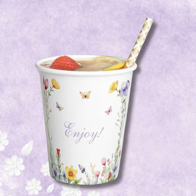 Wildflower Butterfly Girl 1st Birthday Party Paper Cups (Creator Uploaded)