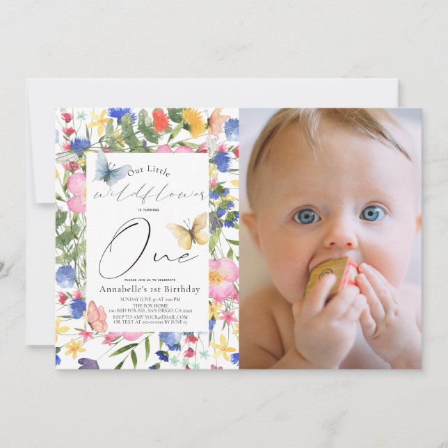 Wildflower Butterfly Girl 1st Birthday Photo Invitation (Front)