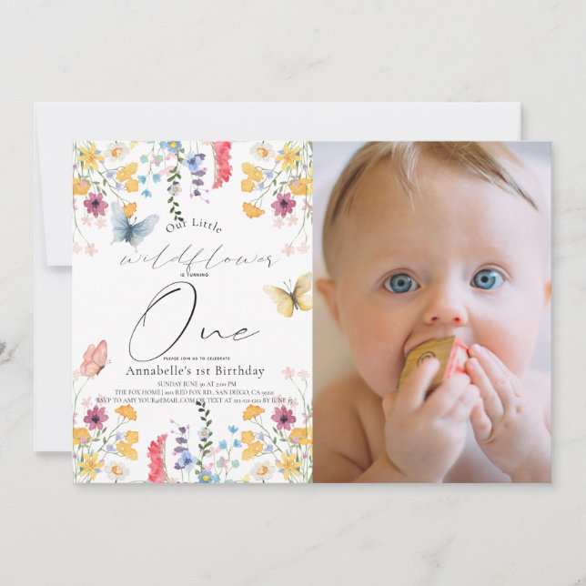 Wildflower Butterfly Girl 1st Birthday Photo Invitation (Front)