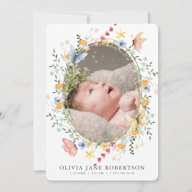 Wildflower Butterfly Girl Photo Birth Announcement (Front)