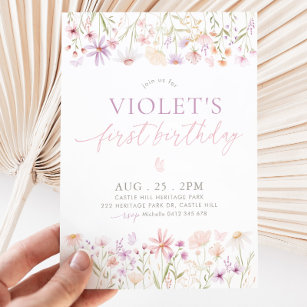 Wildflower Butterfly Girls 1st Birthday  Invitation