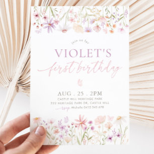 Wildflower Butterfly Girls 1st Birthday Invitation
