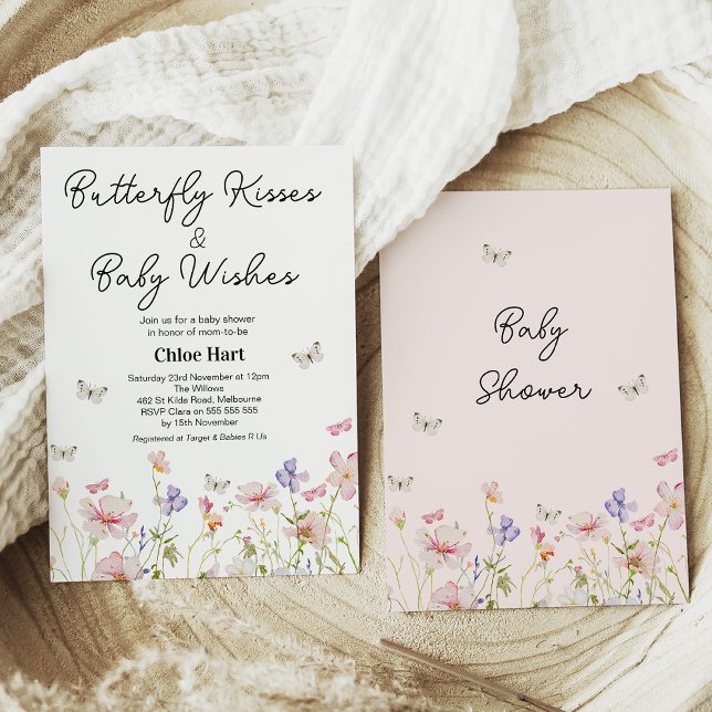 Wildflower Butterfly Kisses Baby Wish Baby Shower Invitation (Editable Wildflowers Butterfly Kisses and Baby Wishes Baby Shower Invitation,  Baby Shower Invite)