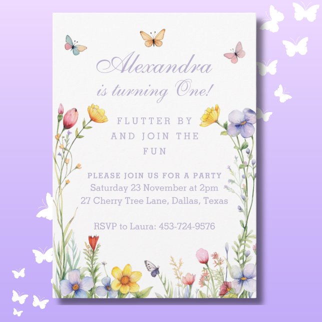 Wildflower Butterfly One Baby Girl 1st Birthday Invitation (Creator Uploaded)