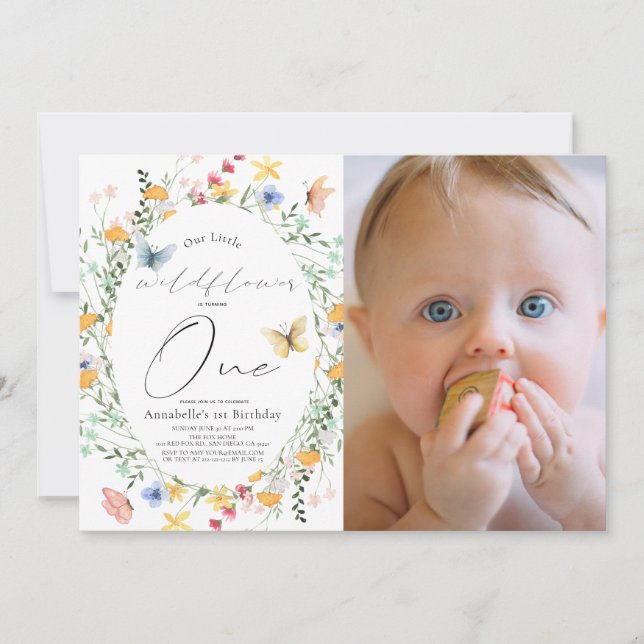 Wildflower Butterfly Oval 1st Birthday Photo Invitation (Front)