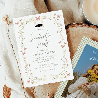 Wildflower Butterfly Pink & Sage Photo Graduation Invitation
