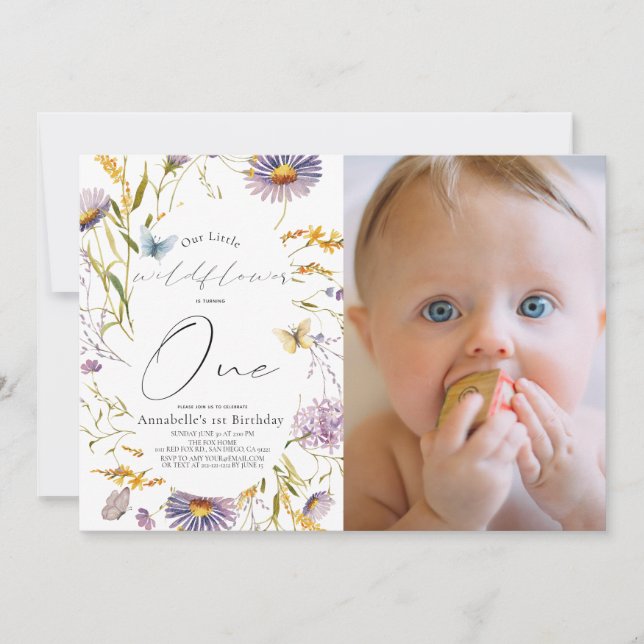 Wildflower Butterfly Purple 1st Birthday Photo Invitation (Front)