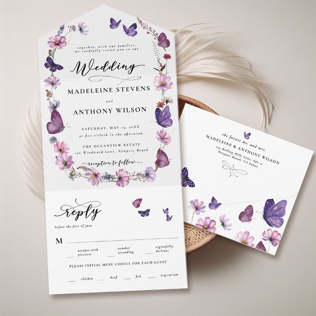 Wildflower Butterfly Romantic Garden Party Wedding All In One Invitation (whimsical wildflowers butterflies garden party seal and send tri fold wedding invitation watercolor )