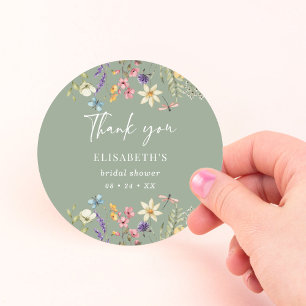Wildflower  & Butterfly Sage Green Bridal Shower  Classic Round Sticker