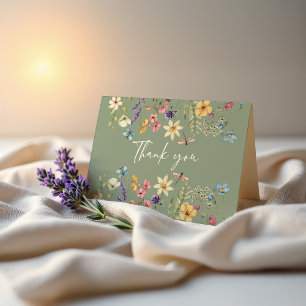 Wildflower & Butterfly Sage Green Bridal Shower Thank You Card