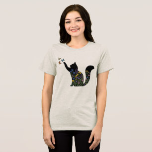 Wildflower Cat Silhouette Butterfly  Tri-Blend Shirt
