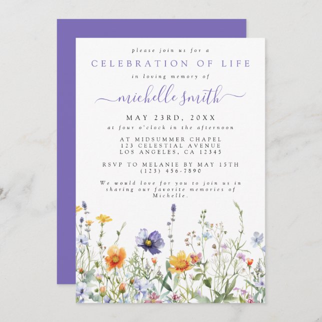 Wildflower Celebration of Life Memorial Funeral Invitation (Front/Back)