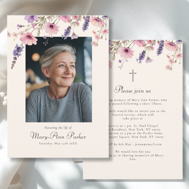 Wildflower "Celebration of Life" Photo Funeral  Invitation (Wildflower "Celebration of Life" Photo Funeral Beige Purple Pink Invitation)