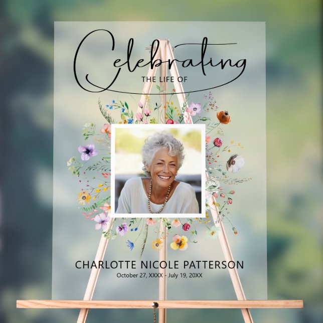 Wildflower Celebration of Life Photo Memorial Acrylic Sign (Neutral)