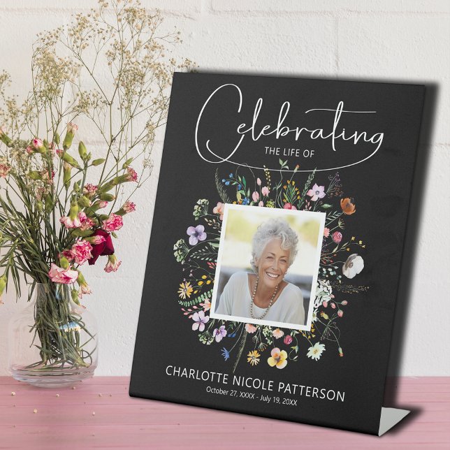 Wildflower Celebration of Life Photo Memorial Pedestal Sign (Wildflower Celebration of Life Photo Memorial Pedestal Sign, several sizes available.)