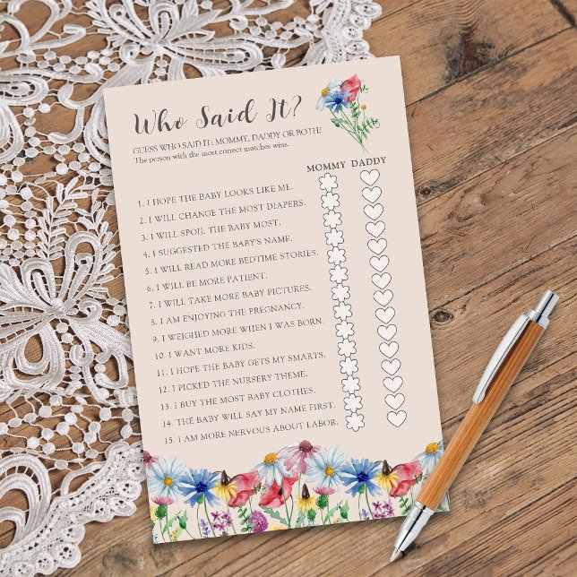 Wildflower Charm Who Said It Shower Game (Who Said It? Mommy or Daddy Baby Shower game from Wildflower Charm collection by Darling & May)