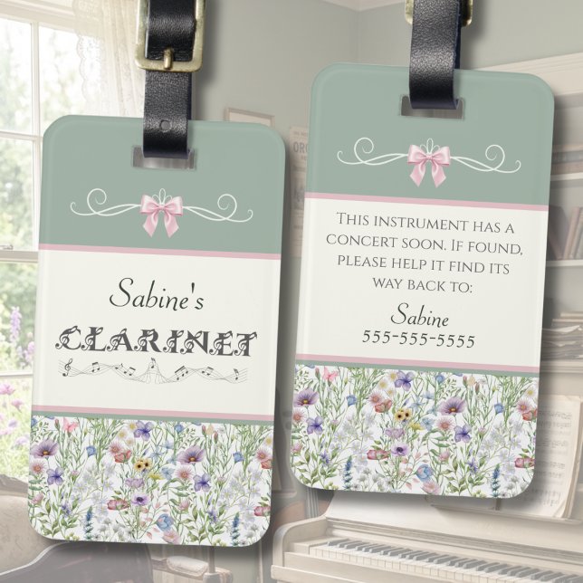 Wildflower Clarinet Student Instrument Case Tag (Personalized Wildflower Clarinet Case Tag | Whimsical Music Student Gift & Orchestra Accessory)